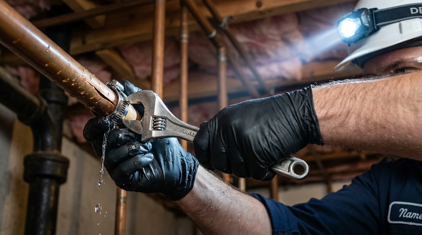 Emergency pipe clamp repair being performed by a Johns Plumbing LLC plumber in Nesquehoning