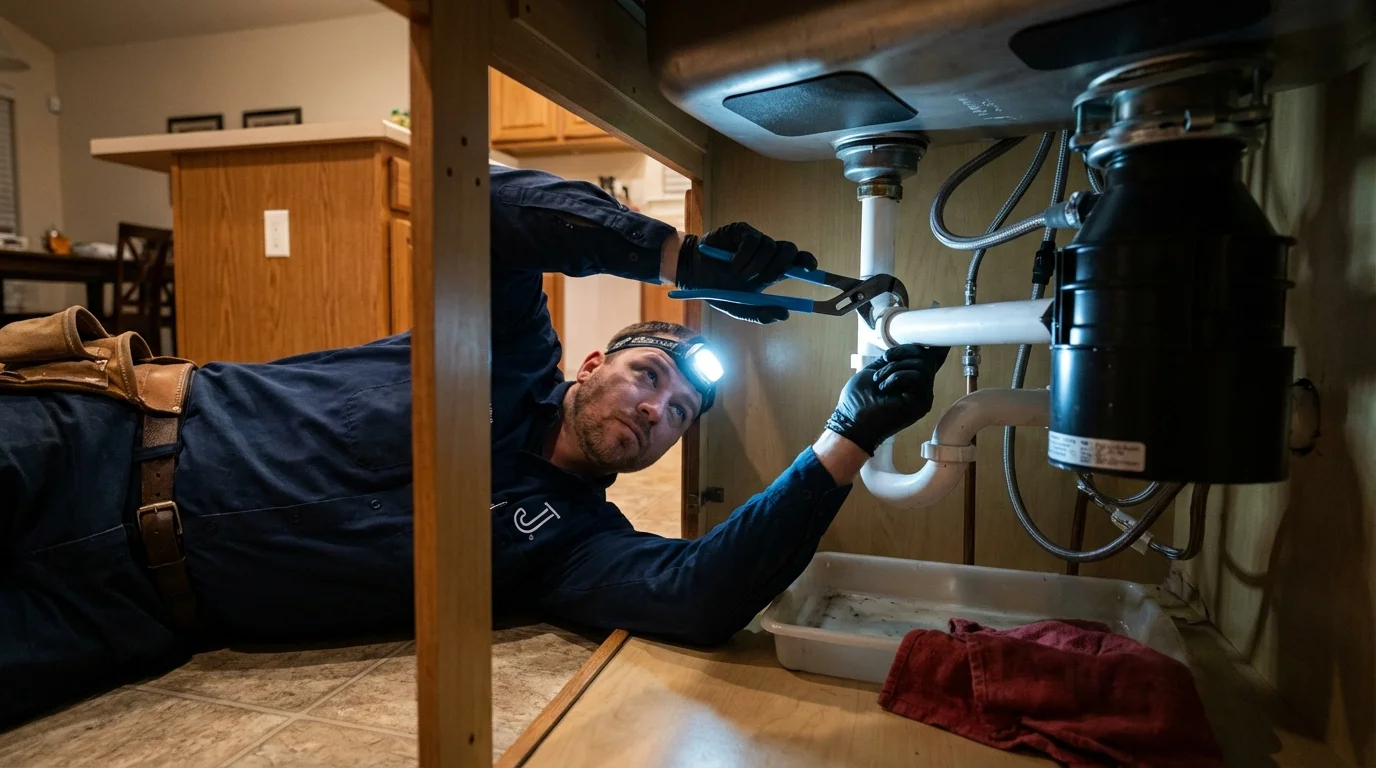 P-trap and supply line connections under a kitchen sink showing a common leak point in Nesquehoning, PA